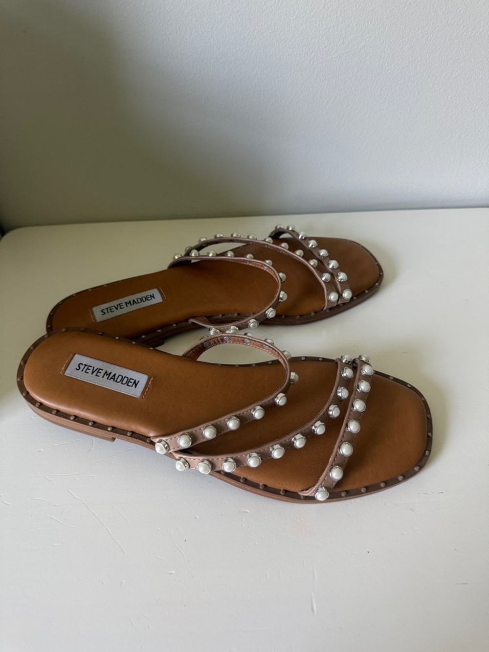 Steve Madden Tan Pearl-Studded Slide Sandals
